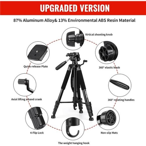 75" Camera Tripod, Aluminum Tripod, Travel Tripod with Wireless Remote - Picture 6 of 7